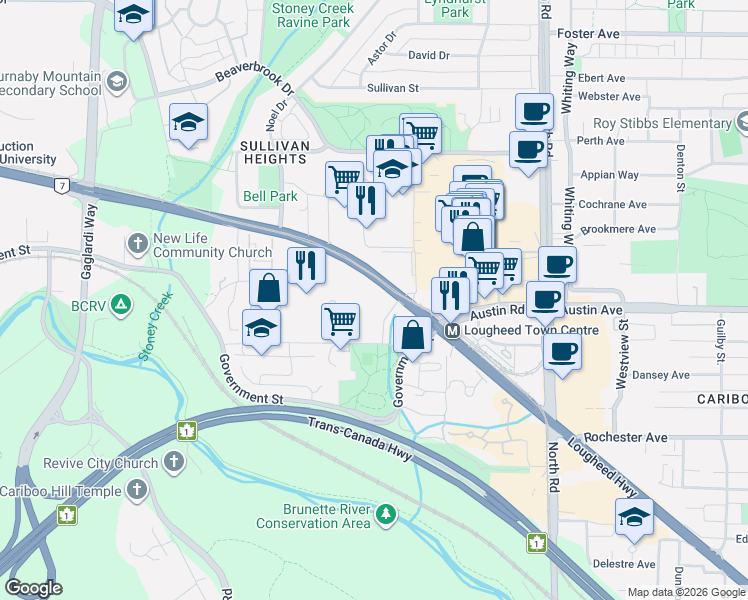 map of restaurants, bars, coffee shops, grocery stores, and more near 3970 Carrigan Court in Burnaby