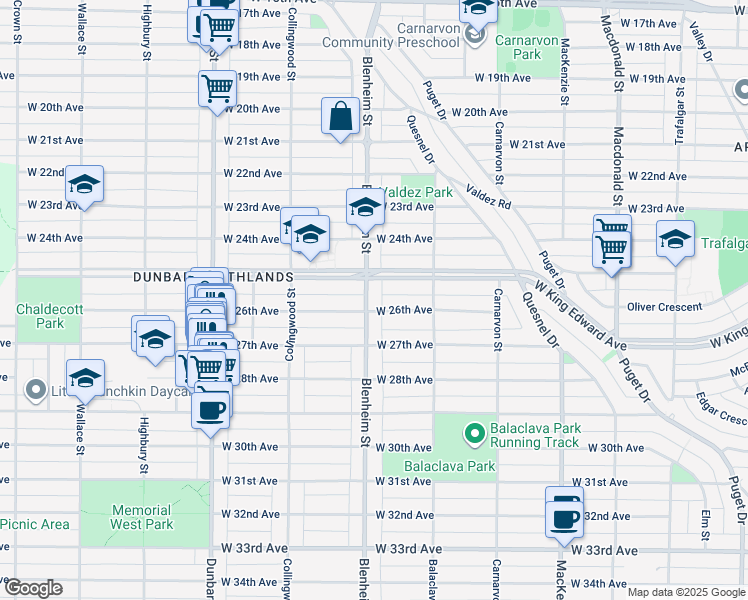 map of restaurants, bars, coffee shops, grocery stores, and more near 4170 Blenheim Street in Vancouver