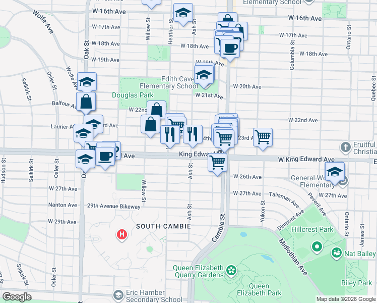 map of restaurants, bars, coffee shops, grocery stores, and more near 4085 Ash Street in Vancouver