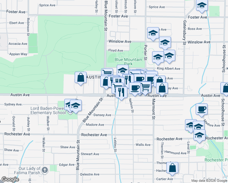 map of restaurants, bars, coffee shops, grocery stores, and more near 1001 Austin Avenue in Coquitlam