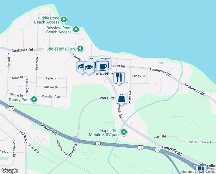 map of restaurants, bars, coffee shops, grocery stores, and more near 7181 Lantzville Road in Lantzville