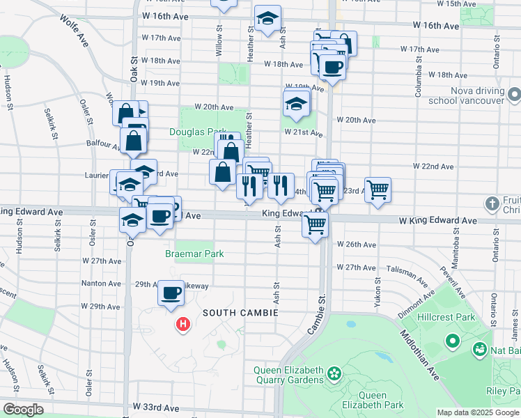 map of restaurants, bars, coffee shops, grocery stores, and more near 655 West King Edward Avenue in Vancouver