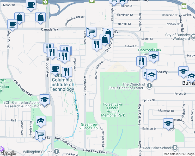map of restaurants, bars, coffee shops, grocery stores, and more near 3848 Garden Grove Drive in Burnaby