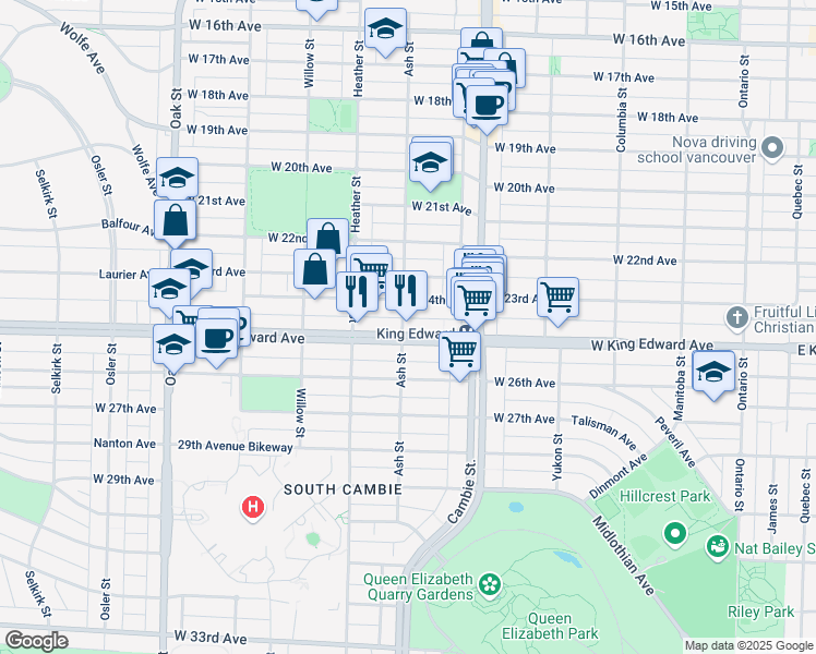 map of restaurants, bars, coffee shops, grocery stores, and more near 4050 Ash Street in Vancouver