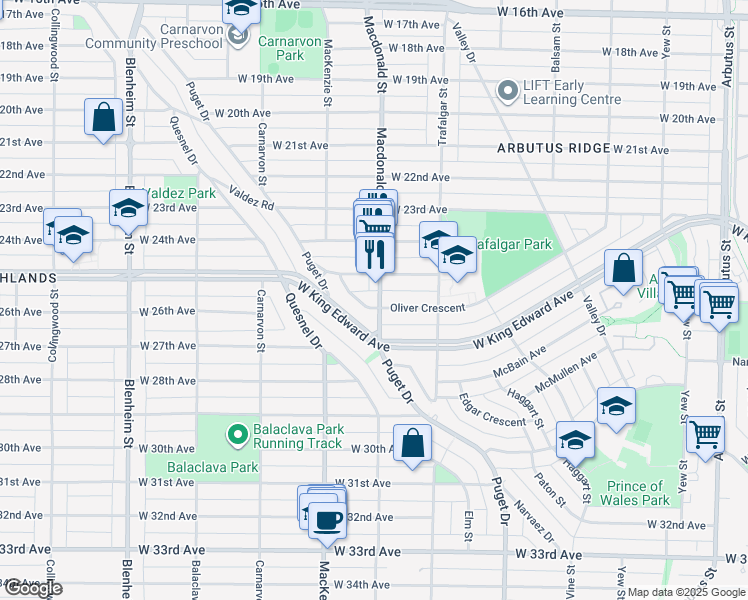 map of restaurants, bars, coffee shops, grocery stores, and more near 2811 Oliver Crescent in Vancouver