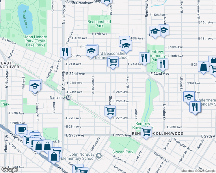 map of restaurants, bars, coffee shops, grocery stores, and more near 3951 Slocan Street in Vancouver