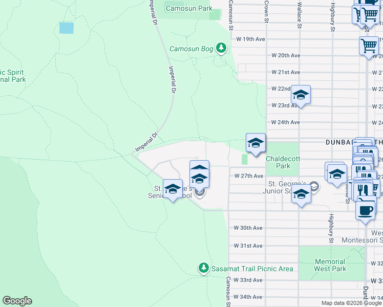map of restaurants, bars, coffee shops, grocery stores, and more near 4171 Doncaster Way in Vancouver