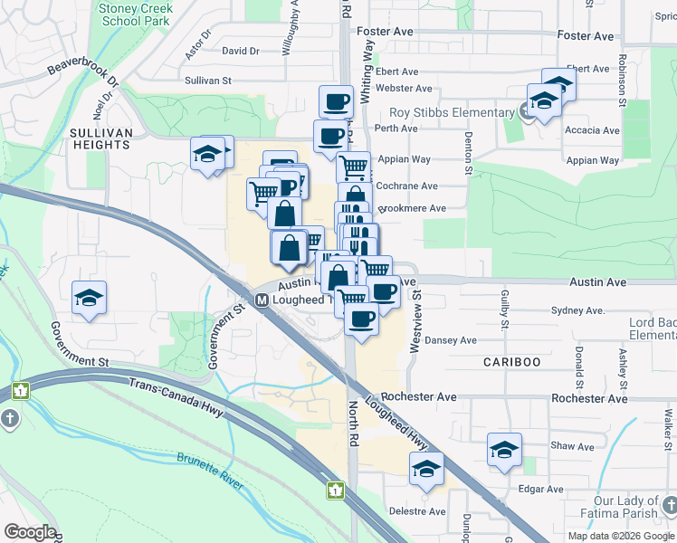 map of restaurants, bars, coffee shops, grocery stores, and more near 3888 Evergreen Place in Burnaby