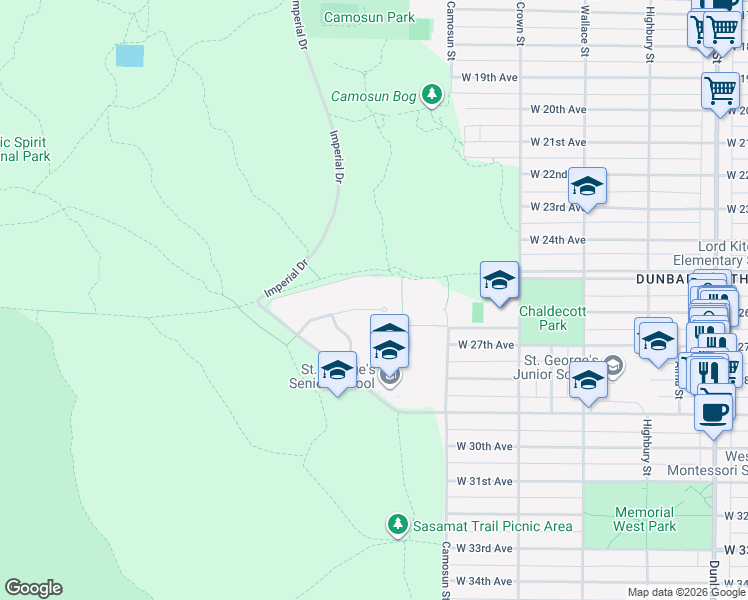 map of restaurants, bars, coffee shops, grocery stores, and more near 4171 Doncaster Way in Vancouver