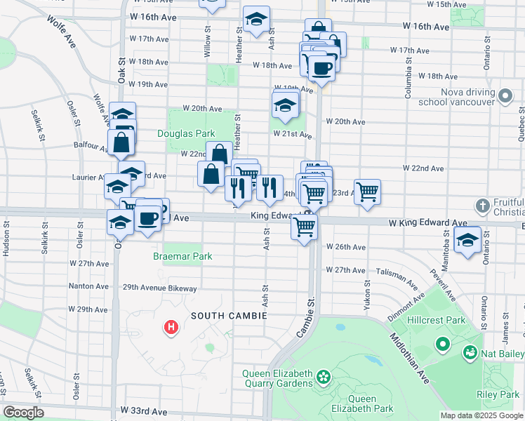 map of restaurants, bars, coffee shops, grocery stores, and more near 633 West King Edward Avenue in Vancouver