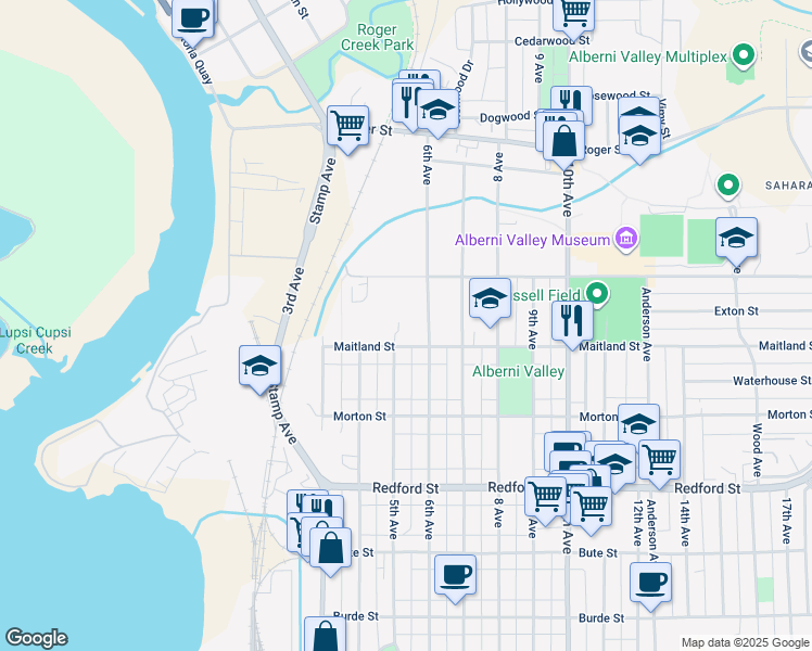 map of restaurants, bars, coffee shops, grocery stores, and more near 4777 Maitland Street in Port Alberni