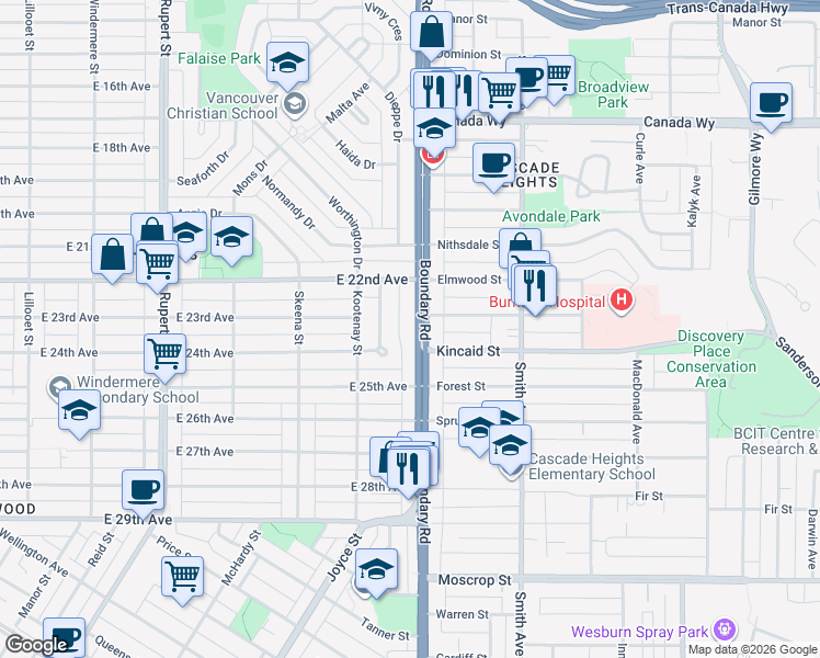 map of restaurants, bars, coffee shops, grocery stores, and more near 3939 Boundary Road in Vancouver