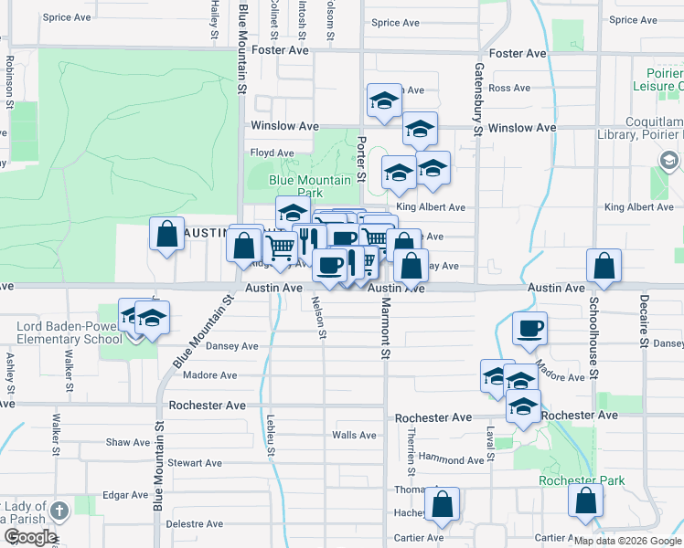 map of restaurants, bars, coffee shops, grocery stores, and more near 1045 Austin Avenue in Coquitlam