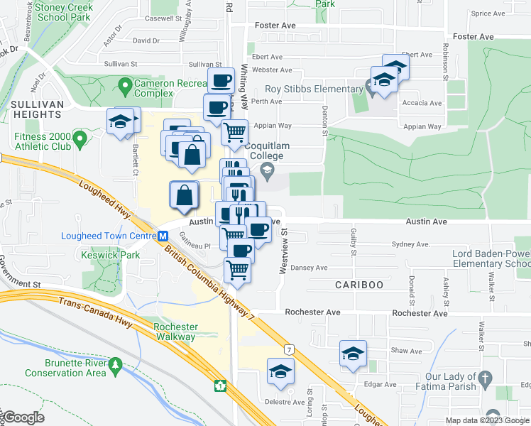 map of restaurants, bars, coffee shops, grocery stores, and more near 525 Austin Avenue in Coquitlam