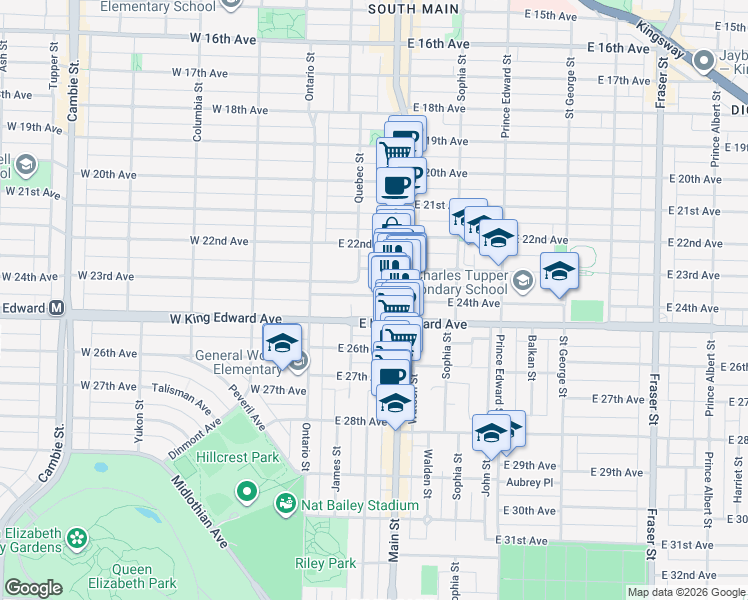 map of restaurants, bars, coffee shops, grocery stores, and more near 158 East 24th Avenue in Vancouver