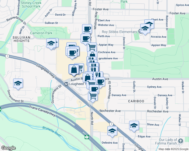 map of restaurants, bars, coffee shops, grocery stores, and more near 501 North Road in Coquitlam