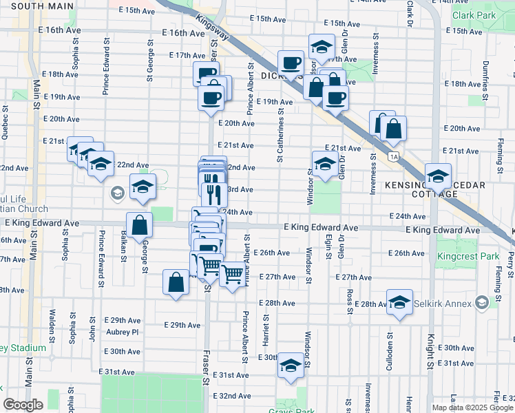 map of restaurants, bars, coffee shops, grocery stores, and more near in Vancouver