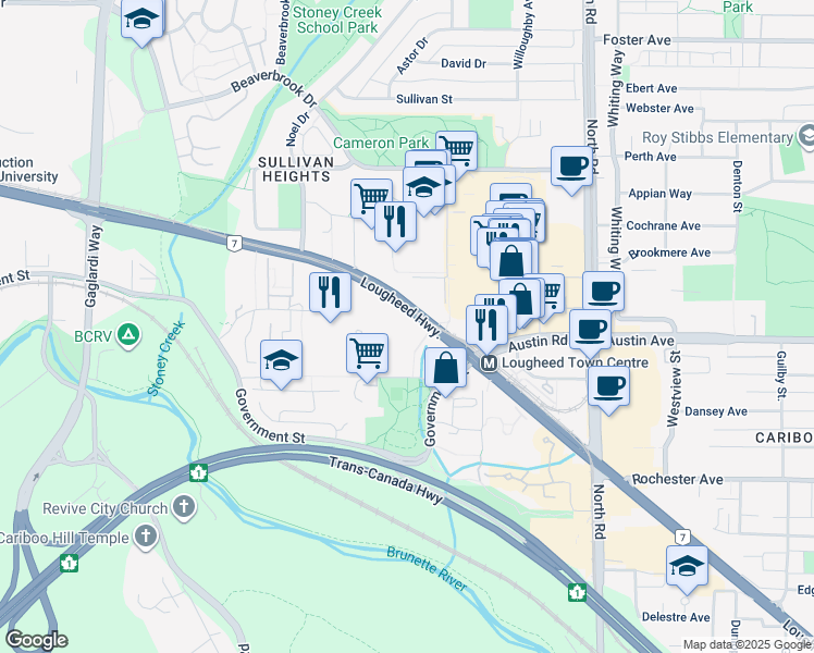 map of restaurants, bars, coffee shops, grocery stores, and more near 9470 Lougheed Highway in Burnaby