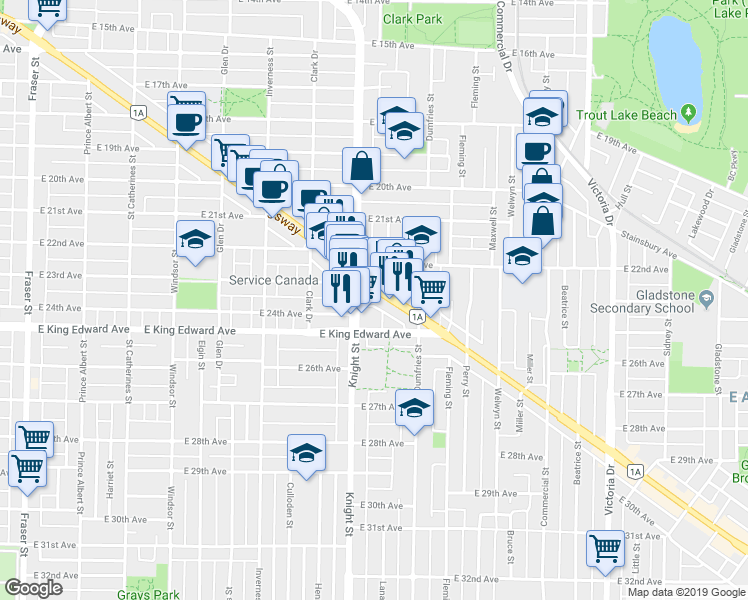 map of restaurants, bars, coffee shops, grocery stores, and more near in Vancouver