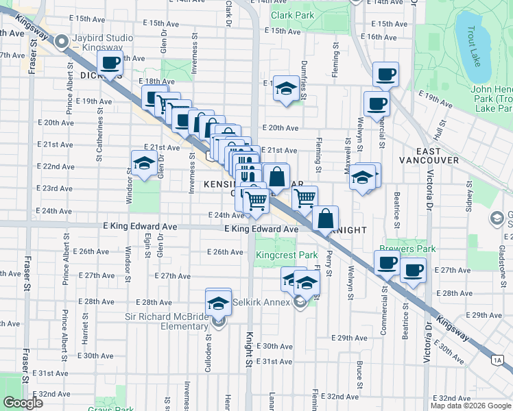 map of restaurants, bars, coffee shops, grocery stores, and more near 3925 Knight Street in Vancouver