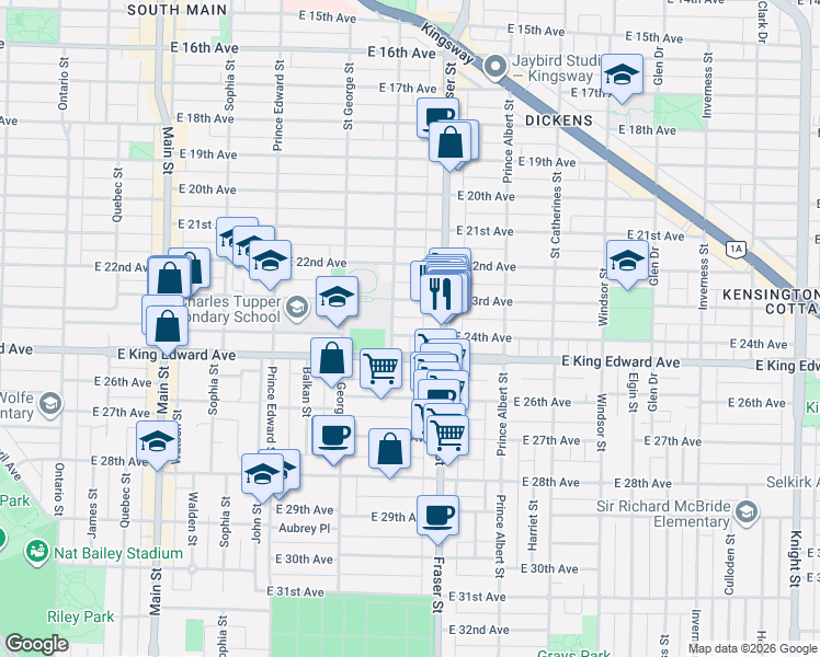 map of restaurants, bars, coffee shops, grocery stores, and more near 625 East 24th Avenue in Vancouver