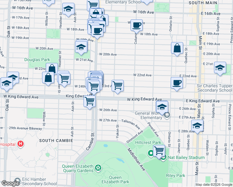 map of restaurants, bars, coffee shops, grocery stores, and more near 4060 Yukon Street in Vancouver