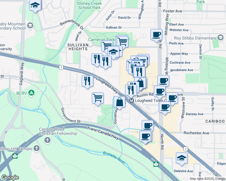 map of restaurants, bars, coffee shops, grocery stores, and more near 9470 Lougheed Highway in Burnaby