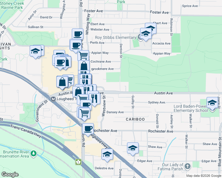 map of restaurants, bars, coffee shops, grocery stores, and more near 555 Austin Avenue in Coquitlam