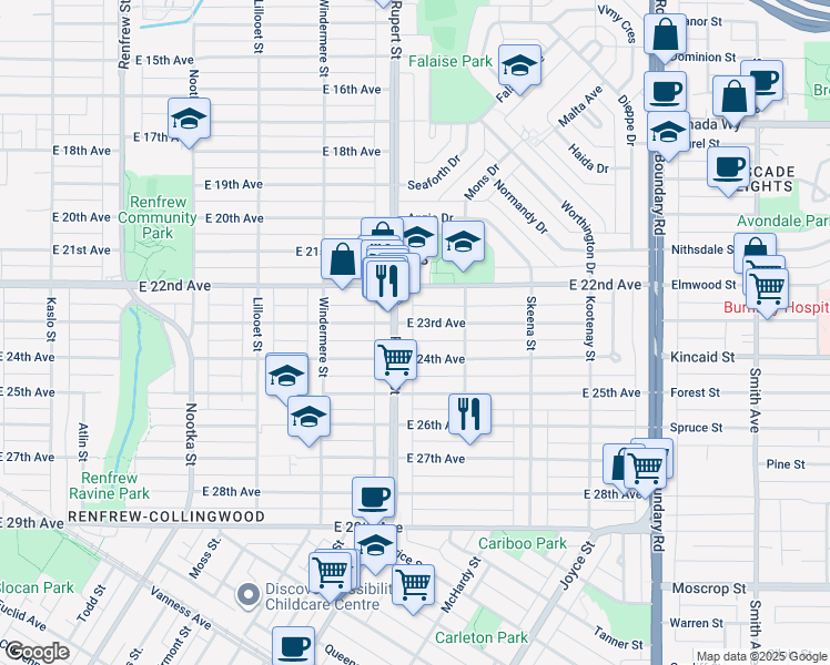 map of restaurants, bars, coffee shops, grocery stores, and more near 3312 East 23rd Avenue in Vancouver