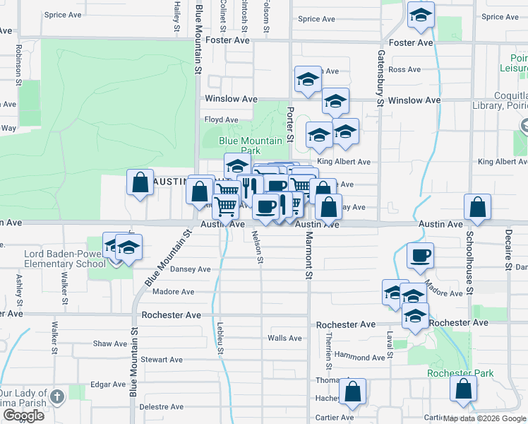 map of restaurants, bars, coffee shops, grocery stores, and more near 505 Nelson Street in Coquitlam