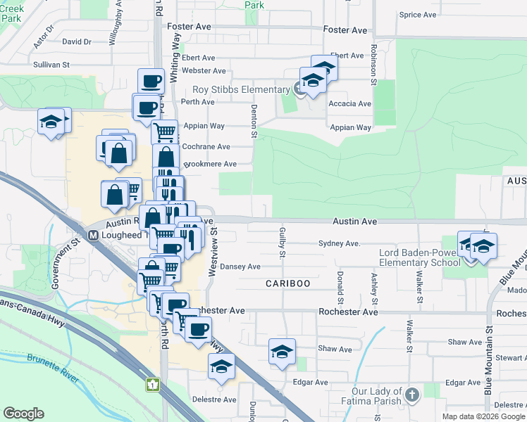 map of restaurants, bars, coffee shops, grocery stores, and more near 585 Austin Avenue in Coquitlam