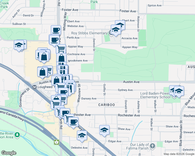 map of restaurants, bars, coffee shops, grocery stores, and more near 595 Austin Avenue in Coquitlam