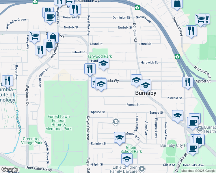 map of restaurants, bars, coffee shops, grocery stores, and more near 5385 Shelby Court in Burnaby
