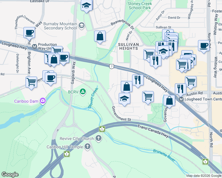 map of restaurants, bars, coffee shops, grocery stores, and more near 8853 Horne Street in Burnaby