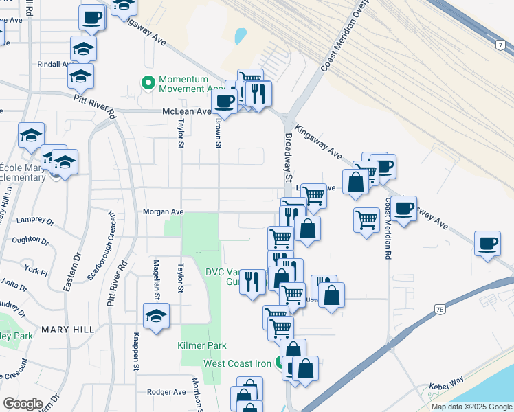 map of restaurants, bars, coffee shops, grocery stores, and more near 1747 Morgan Avenue in Port Coquitlam