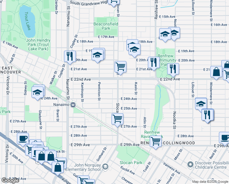 map of restaurants, bars, coffee shops, grocery stores, and more near 3933 Slocan Street in Vancouver