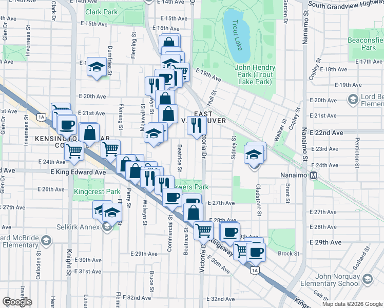 map of restaurants, bars, coffee shops, grocery stores, and more near 4005 Alice Street in Vancouver