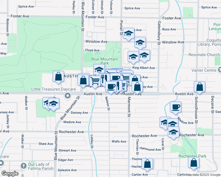 map of restaurants, bars, coffee shops, grocery stores, and more near 1033 Austin Avenue in Coquitlam