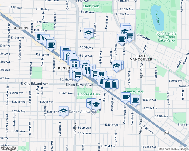 map of restaurants, bars, coffee shops, grocery stores, and more near 3996 Dumfries Street in Vancouver