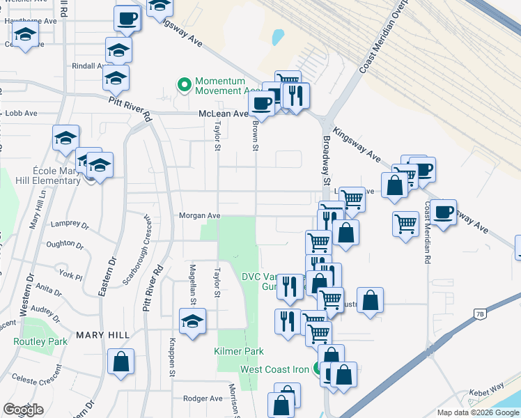 map of restaurants, bars, coffee shops, grocery stores, and more near 1842 Brown Street in Port Coquitlam