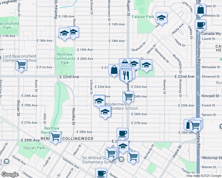 map of restaurants, bars, coffee shops, grocery stores, and more near 3210 East 23rd Avenue in Vancouver