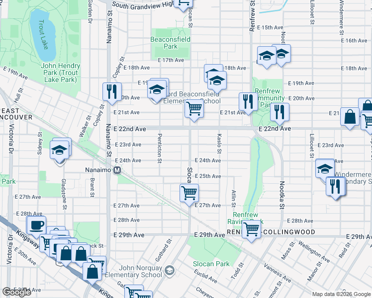 map of restaurants, bars, coffee shops, grocery stores, and more near 3937 Slocan Street in Vancouver