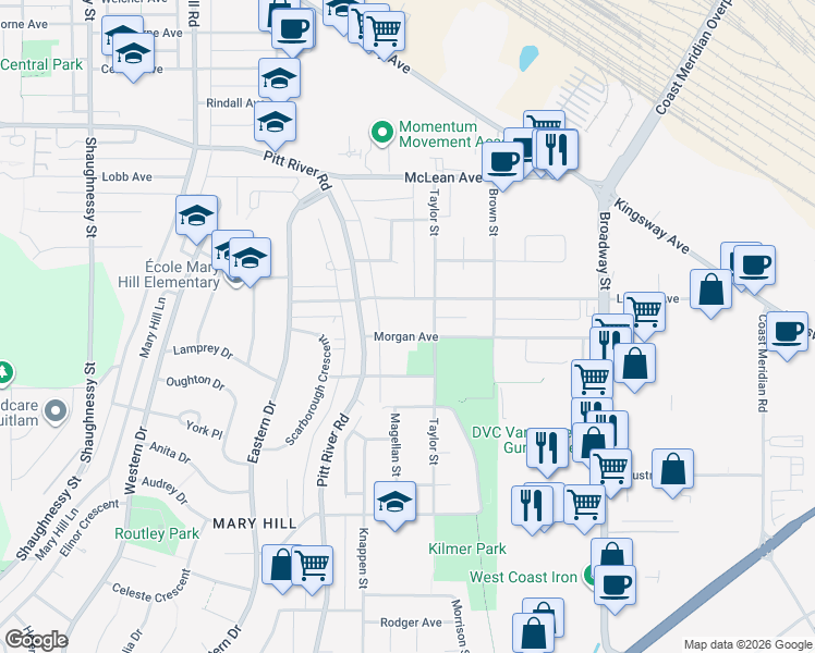 map of restaurants, bars, coffee shops, grocery stores, and more near 1945 Morgan Avenue in Port Coquitlam