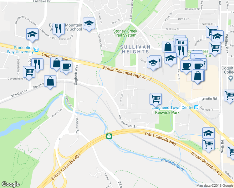 map of restaurants, bars, coffee shops, grocery stores, and more near 8985 Horne Street in Burnaby