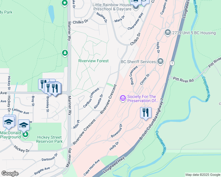 map of restaurants, bars, coffee shops, grocery stores, and more near 472 Riverview Crescent in Coquitlam