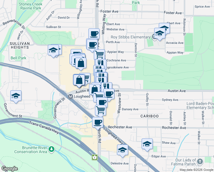 map of restaurants, bars, coffee shops, grocery stores, and more near 518 Whiting Way in Coquitlam