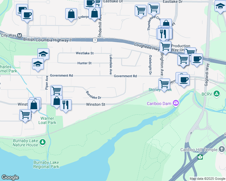 map of restaurants, bars, coffee shops, grocery stores, and more near 8224 Woodlake Court in Burnaby