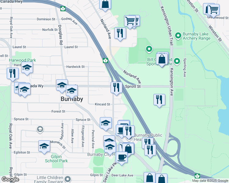 map of restaurants, bars, coffee shops, grocery stores, and more near 3918 Norland Avenue in Burnaby