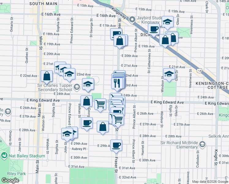 map of restaurants, bars, coffee shops, grocery stores, and more near 3962 Fraser Street in Vancouver