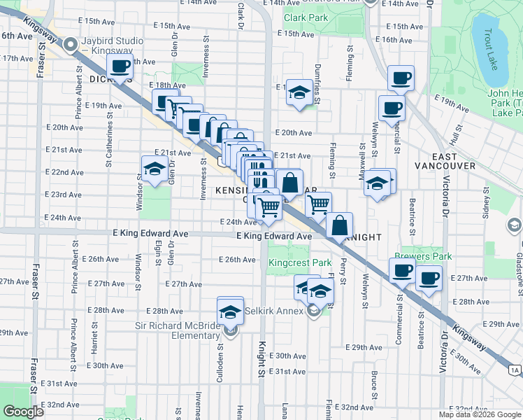 map of restaurants, bars, coffee shops, grocery stores, and more near 3925 Knight Street in Vancouver
